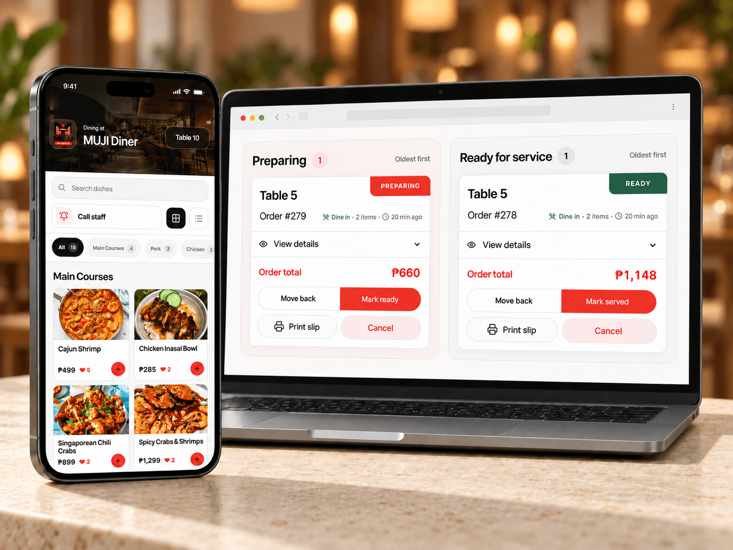 Phone and laptop showing the NomoQR guest menu and live restaurant order board