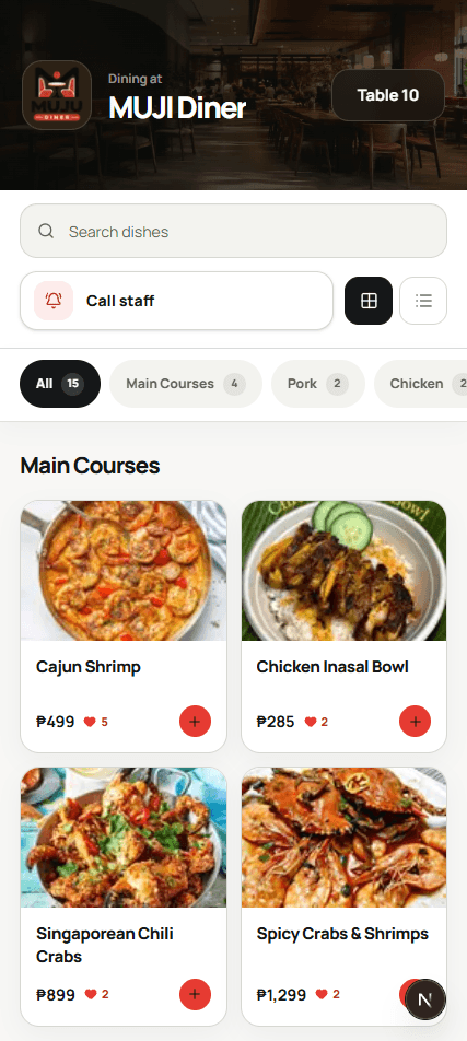 Actual NomoQR guest menu for MUJI Diner, showing Table 10, menu categories, dishes, and prices